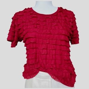 NWOT jason maxwell Stretchy Burgundy Red Ruffle Short Sleeve Blouse Size M Petit